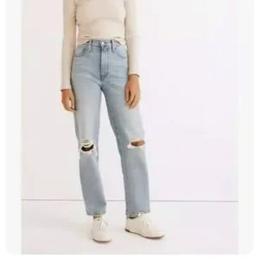 Madewell Jean Perfect Vintage Straight Light Wash Knee-Rip High Waist 24 #ND515